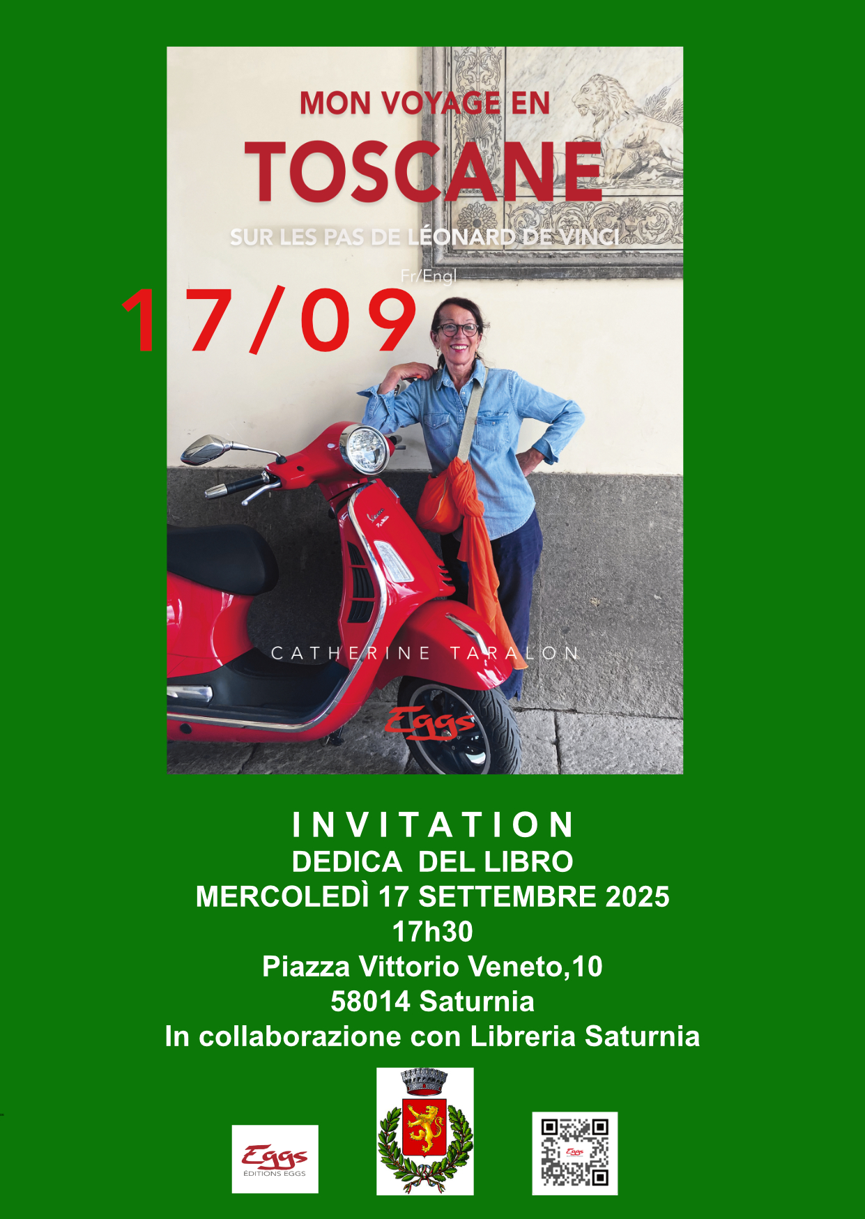 Invitation dedicace de libro Mon Voyage en Toscane par Catherine Taralon a Saturnia